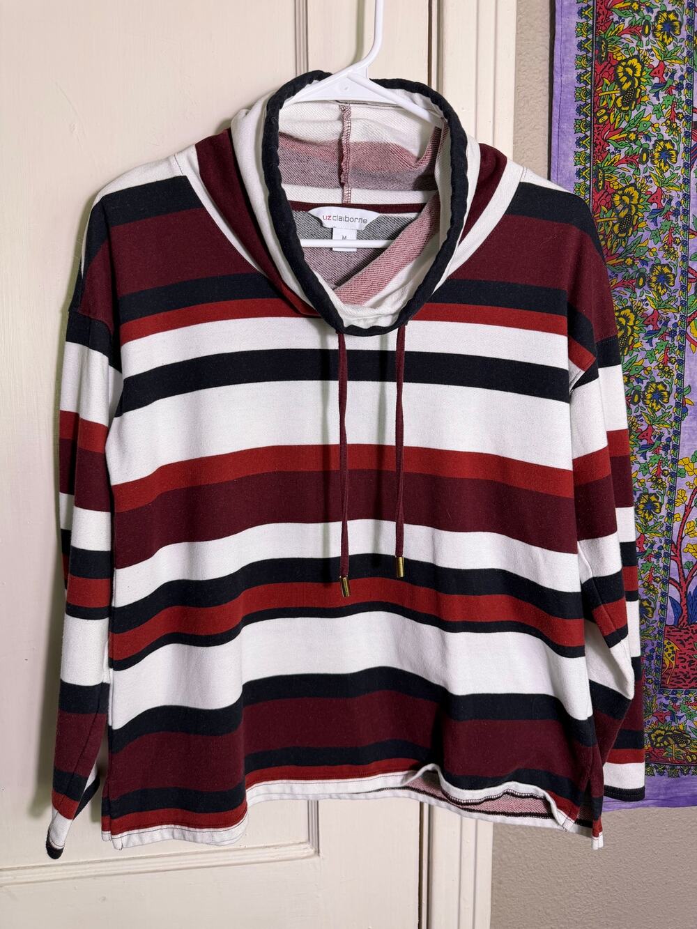 Liz Claiborne Womens Medium Striped Cowl Neck Pullover Burgundy Black Casual